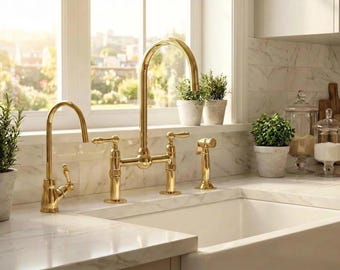 Unlacquered Brass Bridge Kitchen Faucet, Solid Brass with Side Sprayer, Vintage Aged-Brass Style, Morocco Handmade Faucet