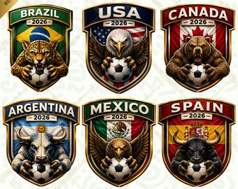 Fußball Tier Land SVG PNG Bundle, USA Brasilien Kanada Mexiko Argentinien Spanien 2026 Abzeichen Design