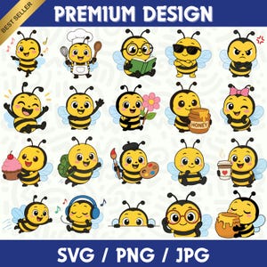 May include: A digital collection of twenty cartoon bee illustrations featuring various activities, including reading, cooking, painting, and holding honey pots. The text PREMIUM DESIGN appears at the top, and SVG, PNG, JPG at the bottom.