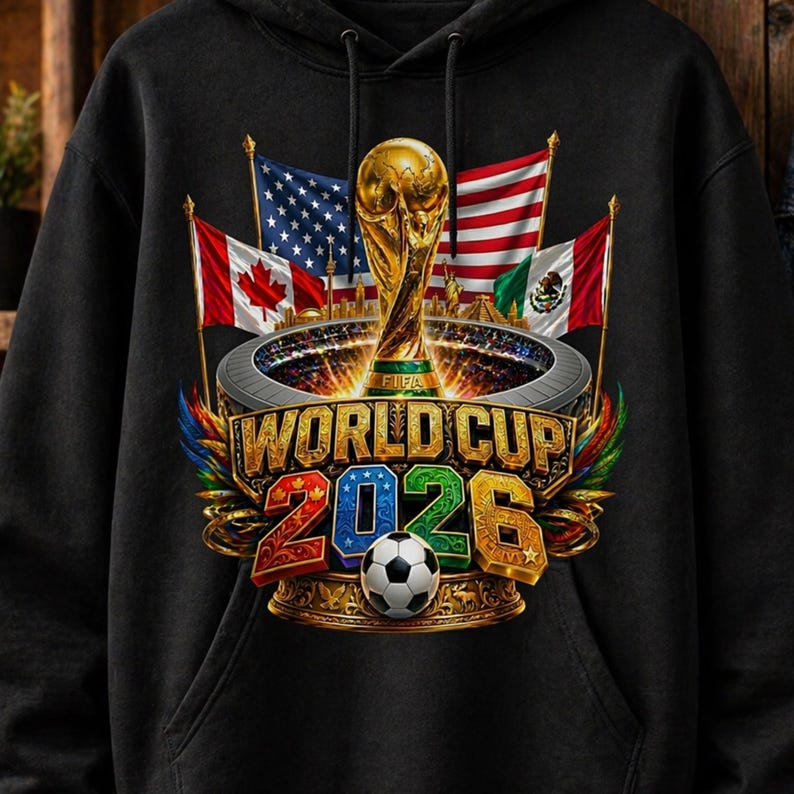 K&ouml;nnte beinhalten: Schwarzer Hoodie mit einem lebendigen Grafikdesign f&uuml;r die FIFA Fussball-Weltmeisterschaft 2026. Das Design zeigt die Weltmeisterschaftstroph&auml;e, einen Fussball, die Flaggen der USA, Kanadas und Mexikos sowie den Text "WORLD CUP 2026".