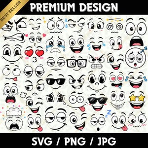 May include: A collection of black and white cartoon faces featuring various expressions, including happy, sad, angry, sleepy, and surprised emotions. The graphic includes eyes, mouths, and eyebrows, with some faces wearing glasses or sunglasses.