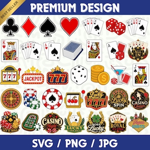 Puede incluir: Una colección digital de gráficos con temática de casino que incluye palos de cartas, figuras, dados, fichas de póquer, máquinas tragaperras, ruletas, monedas de oro y copas de cóctel. Los diseños incluyen textos como Jackpot, All In, Lucky 777, Casino Queen y Vegas Nights.