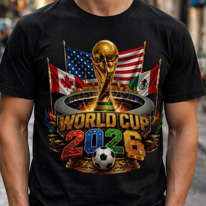 K&ouml;nnte beinhalten: Schwarzes T-Shirt mit einem goldenen World Cup-Pokal, dem Text "WORLD CUP 2026" und einem Fu&szlig;ball. Flaggen der USA, Kanadas und Mexikos sind ebenfalls abgebildet. Das Design ist farbenfroh und detailliert.
