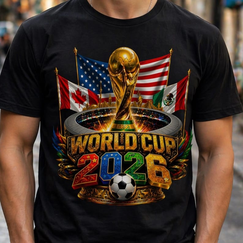 K&ouml;nnte beinhalten: Schwarzes T-Shirt mit einem goldenen World Cup-Pokal, dem Text "WORLD CUP 2026" und einem Fu&szlig;ball. Flaggen der USA, Kanadas und Mexikos sind ebenfalls abgebildet. Das Design ist farbenfroh und detailliert.