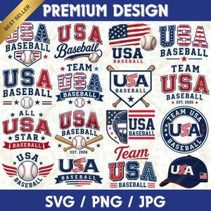 Könnte beinhalten: Eine Sammlung von Baseball-Designs mit dem Text "USA Baseball" in verschiedenen Stilen. Designs beinhalten Basebälle, Sterne und die amerikanische Flagge. Der Text "SVG / PNG / JPG" ist ebenfalls enthalten.