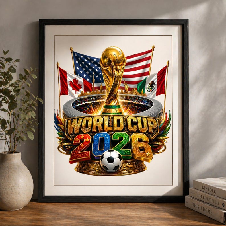 K&ouml;nnte beinhalten: Gerahmtes Kunstwerk mit dem FIFA World Cup 2026 Logo. Das Design zeigt die Weltmeisterschaftstroph&auml;e, einen Fu&szlig;ball und die Flaggen der USA, Kanadas und Mexikos. Der Text "WORLD CUP 2026" ist prominent dargestellt.