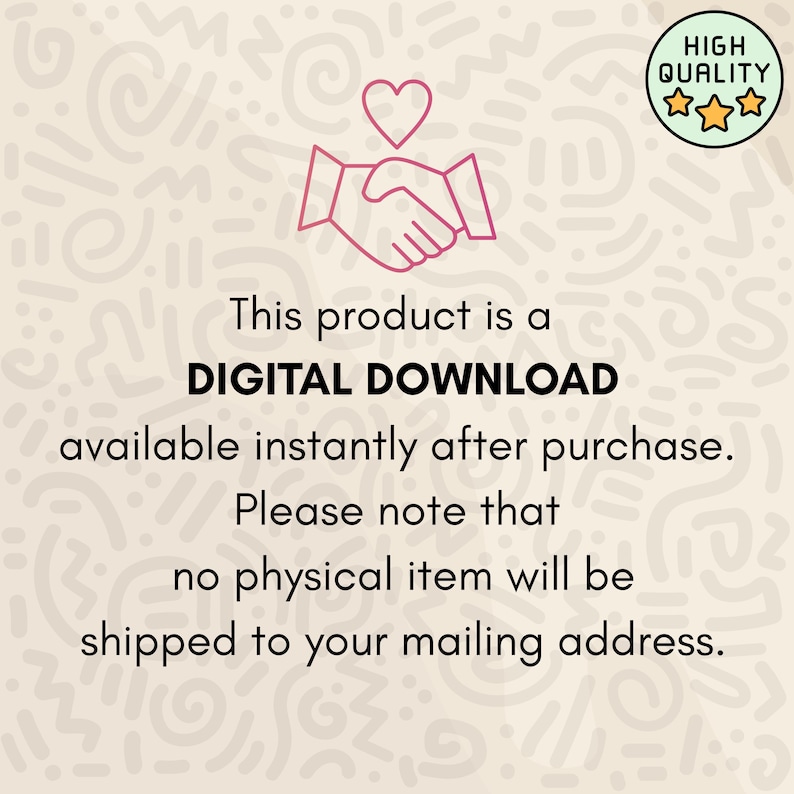 K&ouml;nnte beinhalten: Ank&uuml;ndigung eines digitalen Download-Produkts mit einem rosa Herz und einer Handschlag-Grafik. Der Text lautet "DIGITALER DOWNLOAD" und "sofort nach dem Kauf verf&uuml;gbar". Ein "HOHE QUALIT&Auml;T"-Abzeichen befindet sich in der oberen rechten Ecke.
