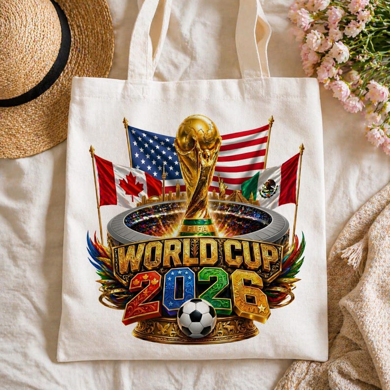 K&ouml;nnte beinhalten: Eine wei&szlig;e Tragetasche mit einem goldenen World Cup-Pokal und dem Text "WORLD CUP 2026". Das Design umfasst die Flaggen der Vereinigten Staaten, Kanadas und Mexikos. Ein Fu&szlig;ball ist ebenfalls abgebildet.