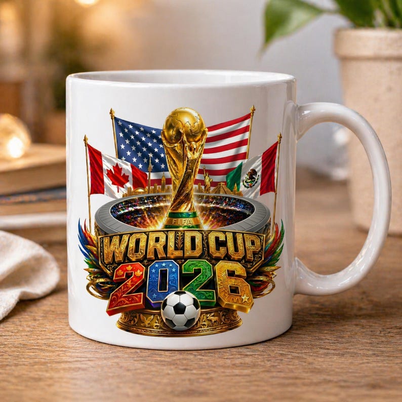 K&ouml;nnte beinhalten: Wei&szlig;e Keramiktasse mit einer goldenen Weltmeisterschaftstroph&auml;e, Flaggen der USA, Kanadas und Mexikos sowie dem Text "WORLD CUP 2026". Ein Fu&szlig;ball befindet sich am unteren Rand des Designs.
