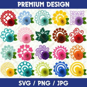 May include: A digital collection of twenty floral designs featuring layered paper-style flowers in red, blue, teal, yellow, purple, pink, green, brown, and orange, each paired with intricate geometric or organic backdrops and green leaves.