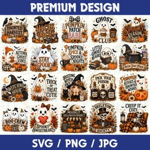 May include: A digital collection of twenty Halloween-themed graphic designs featuring ghosts, pumpkins, skeletons, witches, and sunflowers. Each illustration includes decorative text such as Hocus Pocus, Spooky Season, and Boo Crew, presented in a grid format.