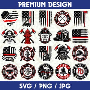 Könnte beinhalten: Eine Sammlung von zwanzig Feuerwehr-Grafikdesigns mit amerikanischen Flaggen mit dünnen roten Linien, Feuerwehr-Emblemen, Helmen, Äxten, einem Hydranten, einem Totenkopf, einer Bulldogge, einem Feuerwehrauto, einer Glocke und Text.