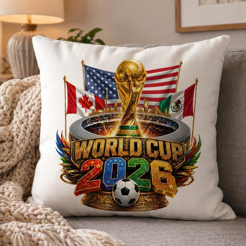 K&ouml;nnte beinhalten: Quadratisches wei&szlig;es Kissen mit einem farbenfrohen Grafikdesign f&uuml;r die Weltmeisterschaft 2026. Das Design zeigt die FIFA-Weltmeisterschaftstroph&auml;e, Flaggen der USA, Kanadas und Mexikos sowie den Text "WORLD CUP 2026" mit einem Fu&szlig;ball.