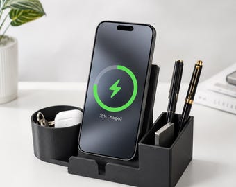 Soporte organizador con carga inalámbrica, soporte para teléfono de escritorio, bandejas de almacenamiento dobles.