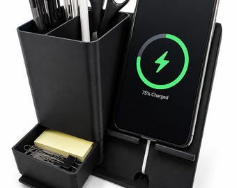Wireless Charging Desk Organizer with Pen Holder and Phone Docking Stand