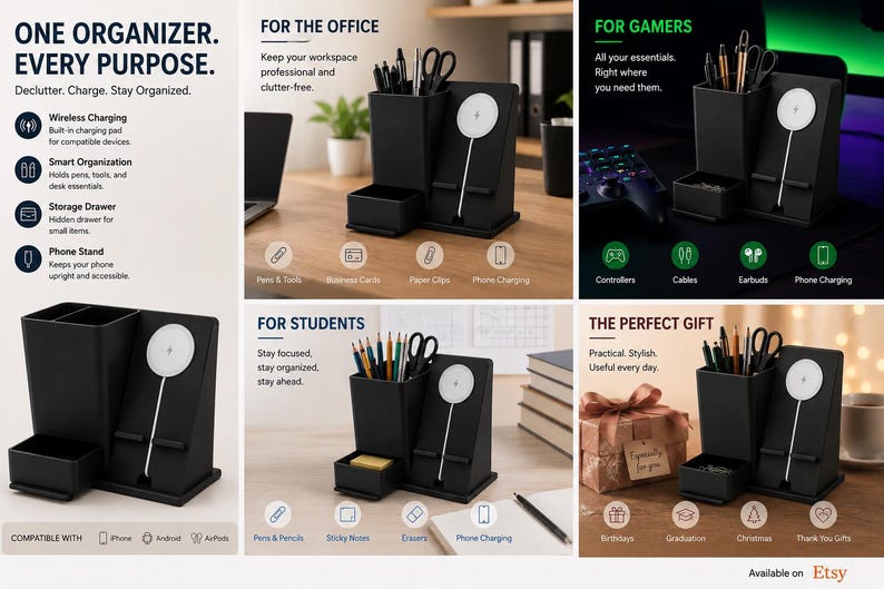 Wireless Charging Desk With Custom Cable Routing Reference: Wireless Charging Desk Organizer With Pen Holder And Phone Docking