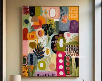 Large Abstract Canvas Wall Art, Colorful Modern Botanical Painting, Vibrant Mid Century Geometric Poster, Whimsical Garden Living Room Decor
