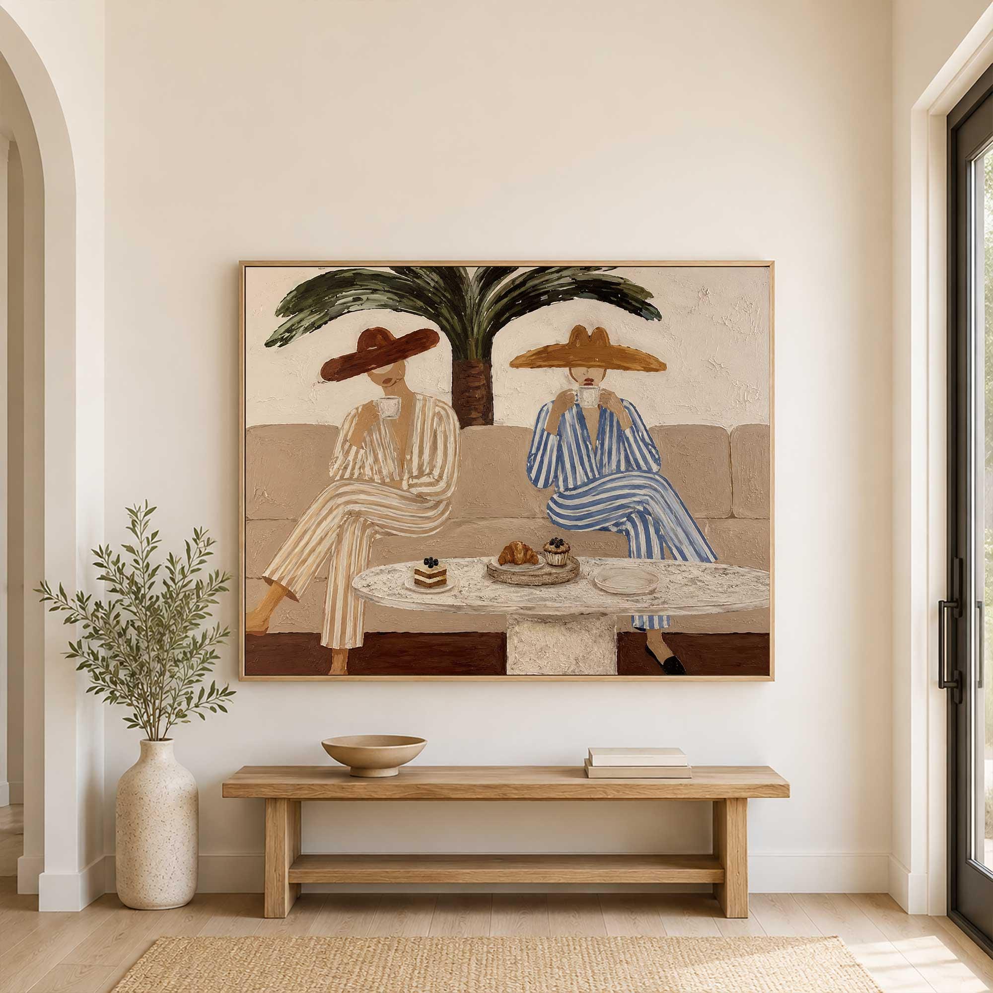 Coastal Summer Figures Painting, Beach Cafe Wall Art, Modern Seaside Lifestyle Canvas, Minimalist Ocean Artwork, Mediterranean Home Decor