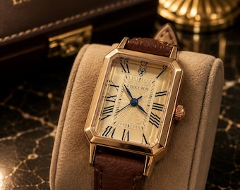 2000er Jahre Vintage-Stil rechteckige Gold-Luxus-Uhr mit braunem Lederarmband römische Ziffern-Dress-Uhr, Herren- & Damengeschenk