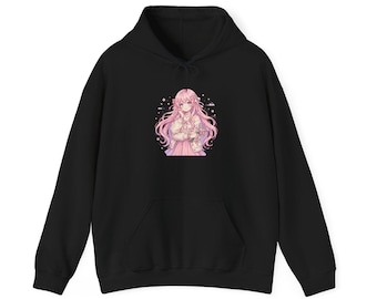 Felpa rosa con cappuccio da ragazza anime / Illustrazione kawaii pastello, dettagli floreali
