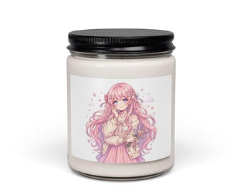 Candela con illustrazione di ragazza anime rosa / Barattolo di soia da 255 ml, stile kawaii pastello