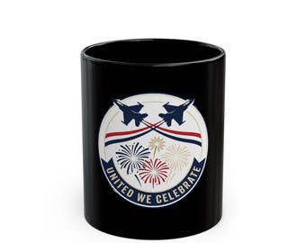United We Celebrate fireworks jets emblem Mug | Black ceramic