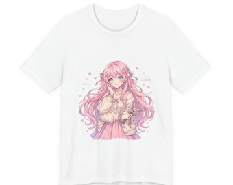 Maglietta rosa con illustrazione di una ragazza anime / Estetica kawaii pastello