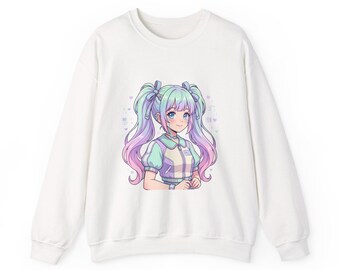 Felpa girocollo con ragazza chibi pastello / estetica anime, kawaii