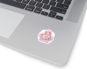 Pastel Pink Anime Girl Kiss-Cut Sticker | Cute Floral Aesthetic