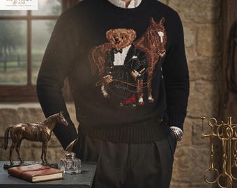 Polo Ralph Lauren Black Teddy Bear Horse Knit Sweater | Unisex Preppy Pullover