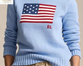 Polo Ralph Lauren Sky Blue Flag Knit Sweater | Women's Crewneck Pullover