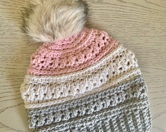 Twisted Canyon Crochet Hat w/faux fur pompom