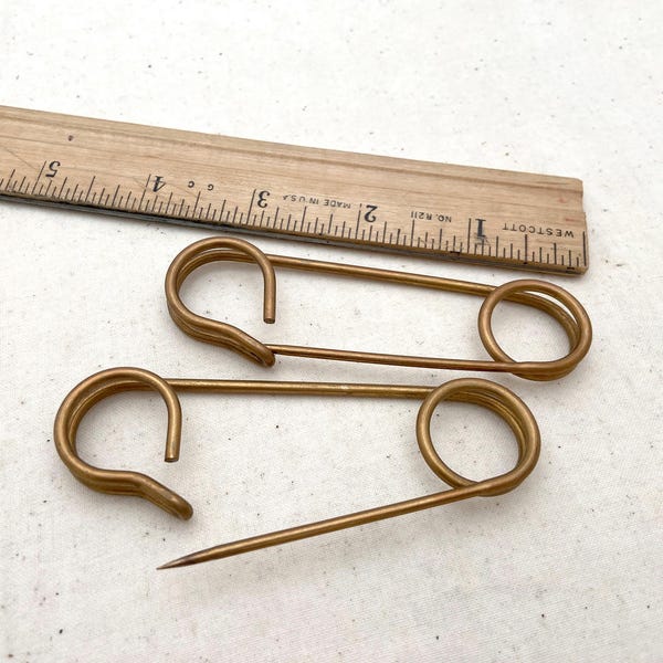 2PC XL Safety Pins - 3.5" long - raw vintage brass large safety pin