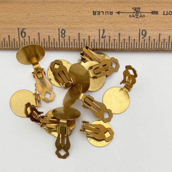 12pc (6 pairs) Vintage Raw Brass Clip-On Earring Backs with 18mm (11/16") wide pad new unused dead stock supply