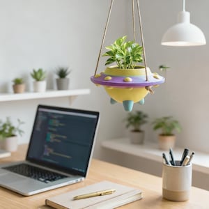 Pode incluir: Um vaso suspenso em forma de OVNI amarelo e roxo com trem de pouso azul claro, contendo uma planta de folhas verdes. O vaso é suspenso por cordas finas e apresenta pequenos detalhes circulares amarelos ao redor da borda central.