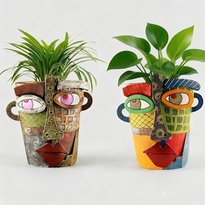Abstract Face Planter, Colorful Cubist Art Vase, Eclectic Home Decor, Unique Head Flower Pot for Indoor Plants, Artistic Plant Pots