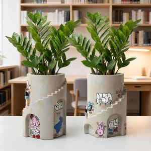 May include: Two cylindrical light gray planters featuring a sculpted staircase design on the exterior. Each planter is decorated with colorful graffiti-style illustrations and small figures climbing the stairs. Lush green Zamioculcas plants grow from the top.
