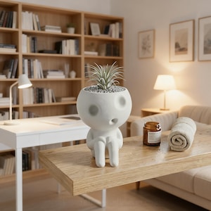 May include: A matte white ceramic planter shaped like a stylized human figure with a round head, hollow eyes, and an open mouth. The planter contains a small green air plant nestled in grey pebbles, sitting on a wooden surface next to a brown jar.
