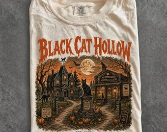 Comfort Colors Black Cat Hollow Est 1998 Halloween T-shirt, Retro Fall Pumpkin Shirt, Spooky Tee, Gift For Him Her
