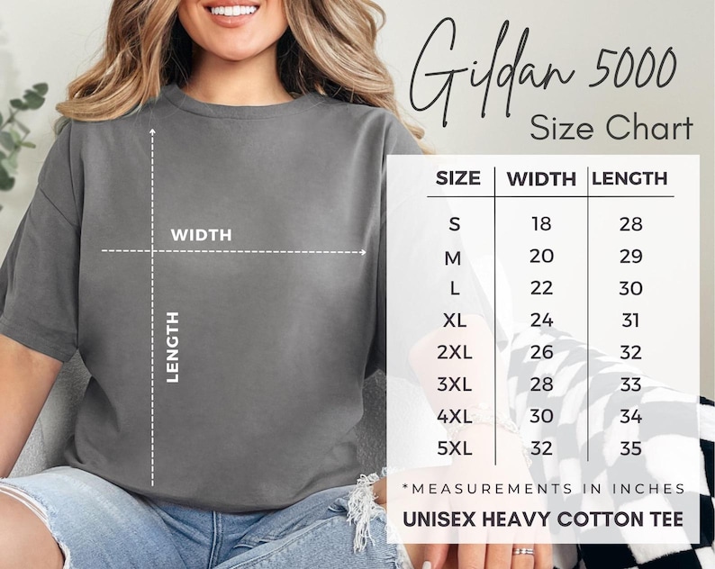 May include: A gray unisex heavy cotton tee shirt with a size chart. The size chart shows measurements in inches for sizes S to 5XL. The shirt is labeled as Gildan 5000.