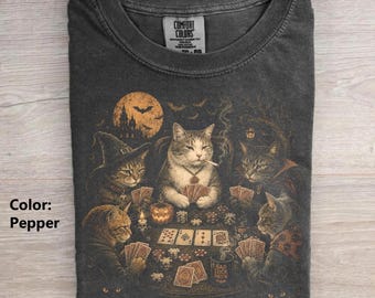 Comfort Colors Poker Cats Halloween Vintage Graphic Tshirt, Retro Funny Meme Tee, Kitten Card Game Gift, Spooky Season Shirt