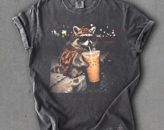 Comfort Colors Funny Raccoon Drinking Coffee With Costume Pumpkin Halloween T-shirt, Meme Parody Shirt, Gift For Him Her