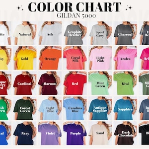 May include: A Gildan 5000 t-shirt colour chart, displaying a range of hues. The chart includes colours such as white, natural, ash, graphite heather, sport grey, charcoal, and dark heather. Other colours include daisy, gold, orange, coral silk, light pink, and azalea.