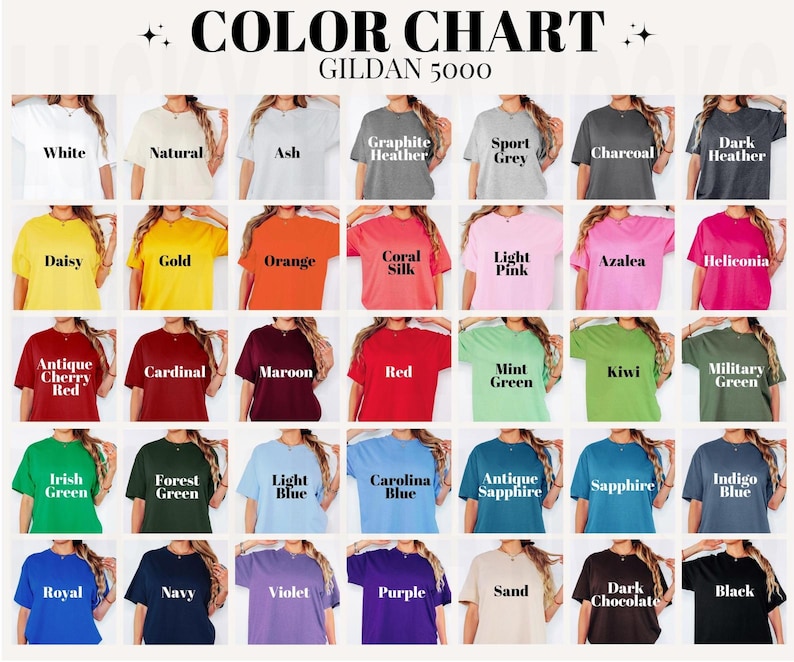 May include: A Gildan 5000 t-shirt colour chart, displaying a range of hues. The chart includes colours such as white, natural, ash, graphite heather, sport grey, charcoal, and dark heather. Other colours include daisy, gold, orange, coral silk, light pink, and azalea.