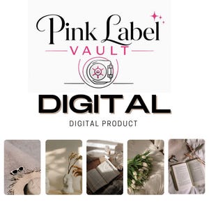 Op de afbeelding: Een digitaal productlogo met de tekst Pink Label VAULT en een kluisicoon, gevolgd door het woord DIGITAL en de tekst DIGITAL PRODUCT. Hieronder staan vijf vierkante afbeeldingen met een strooien hoed, een vaas, een open boek, witte tulpen en een open boek met een bril.