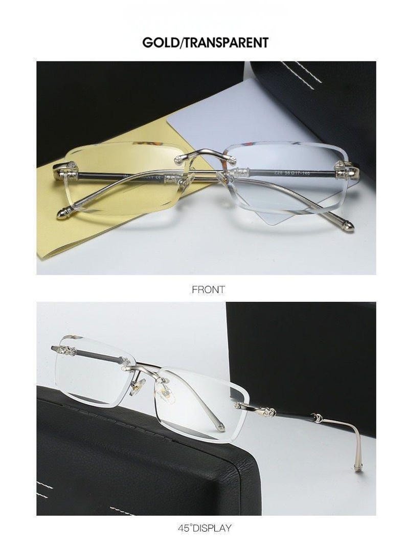 May include: Rimless eyeglasses with a gold and silver frame. The lenses are transparent. The image includes the text "GOLD/TRANSPARENT", "FRONT", and "45&deg;DISPLAY".