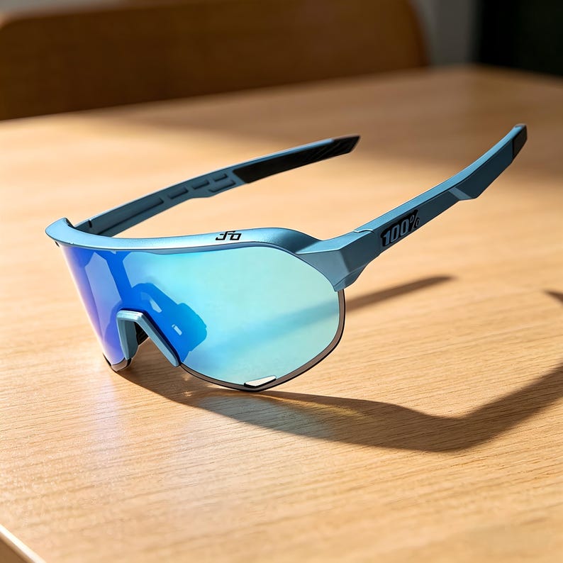 May include: Blue sports sunglasses with mirrored lenses. The sunglasses have a sleek, modern design with a blue frame and the text "100%" printed on the arm. The lenses reflect a blue and green hue.
