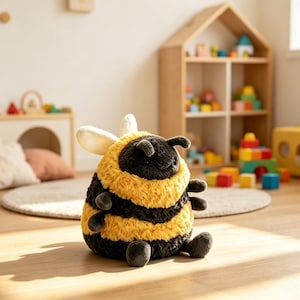Könnte beinhalten: Ein Plüsch-Bienen-Spielzeug mit einem runden, flauschigen Körper und abwechselnden horizontalen Streifen in Schwarz und Goldgelb. Das Stofftier hat zwei kleine Fühler am Kopf, zwei weiße Flügel auf dem Rücken und vier kleine Gliedmaßen an den Seiten.