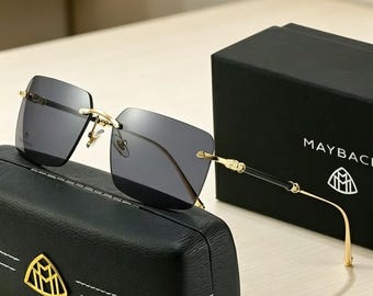 Maybach Rimless Luxury Sunglasses, Gold Frame UV400 Protection, Gradient Lenses for Men Women