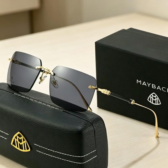 Maybach Rimless Luxury Sunglasses, Gold Frame UV400 Protection, Gradient Lenses for Men Women